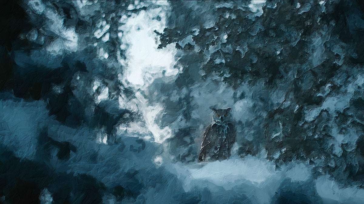 Nocturnal Guardian Snowy Owl Wall Mural | Abstract Winter Forest Mystery & Deep Blue Mood Art