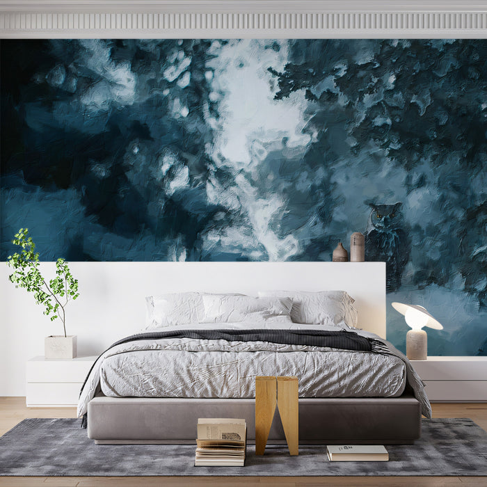 Nocturnal Guardian Snowy Owl Wall Mural | Abstract Winter Forest Mystery & Deep Blue Mood Art