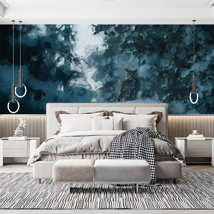 Nocturnal Guardian Snowy Owl Wall Mural | Abstract Winter Forest Mystery & Deep Blue Mood Art