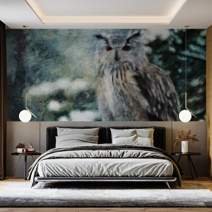 Majestic Arctic Owl Oil Painting Wall Mural | Impressionist Wildlife Portrait & Textured Winter Solitude Art