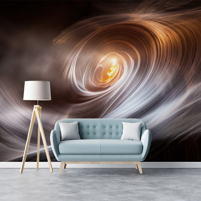 Galactic Light Vortex Wall Mural | Abstract Celestial Fluid Art & Amber Nebula Feature Wall