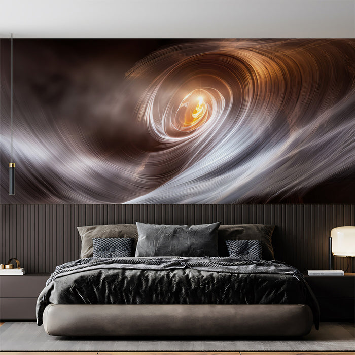 Galactic Light Vortex Wall Mural | Abstract Celestial Fluid Art & Amber Nebula Feature Wall