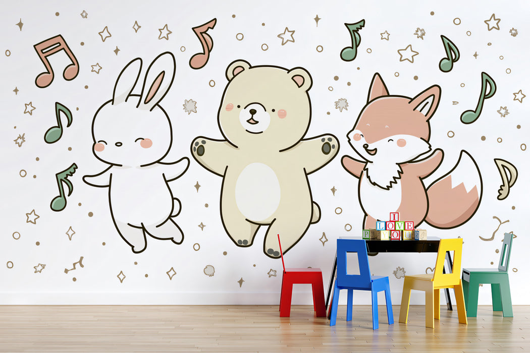 Enchanted Forest Concert Nursery Wall Mural | Whimsical Animal Friends & Pastel Musical Dreamscape