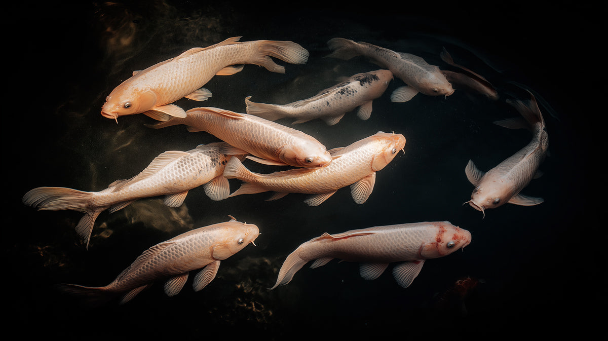 Midnight Koi Pond Serenity Wall Mural | Dramatic Fluid Zen & White Koi Artistic Contrast Art