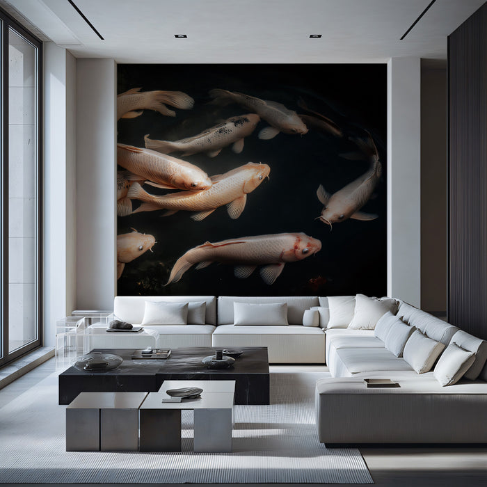 Midnight Koi Pond Serenity Wall Mural | Dramatic Fluid Zen & White Koi Artistic Contrast Art