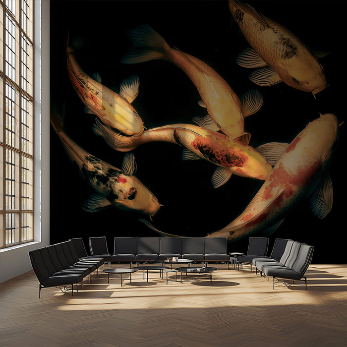 Auspicious Golden Koi Swirl Wall Mural | Traditional Prosperity Symbol & Vibrant Contemporary Fluidity