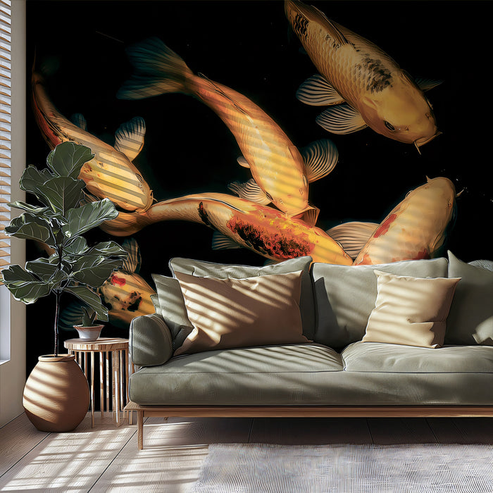 Auspicious Golden Koi Swirl Wall Mural | Traditional Prosperity Symbol & Vibrant Contemporary Fluidity