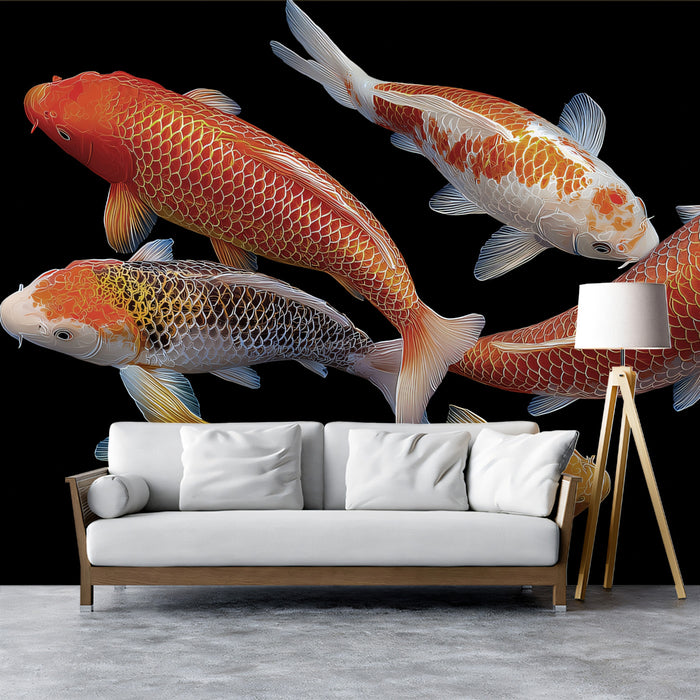 Imperial Koi Harmony Wall Mural | Traditional Oriental Prosperity & Vibrant Color Movement Art