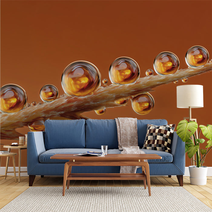 Golden Dewdrop Macro Wall Mural | Exquisite Nature Detail & Amber Radiance Contemporary Art
