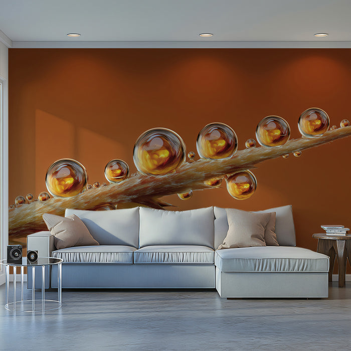 Golden Dewdrop Macro Wall Mural | Exquisite Nature Detail & Amber Radiance Contemporary Art