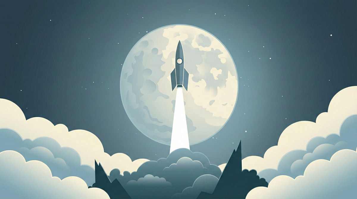 Minimalist Lunar Ascent Wall Mural | Clean Vector Space Exploration & Retro-Futuristic Nursery Art