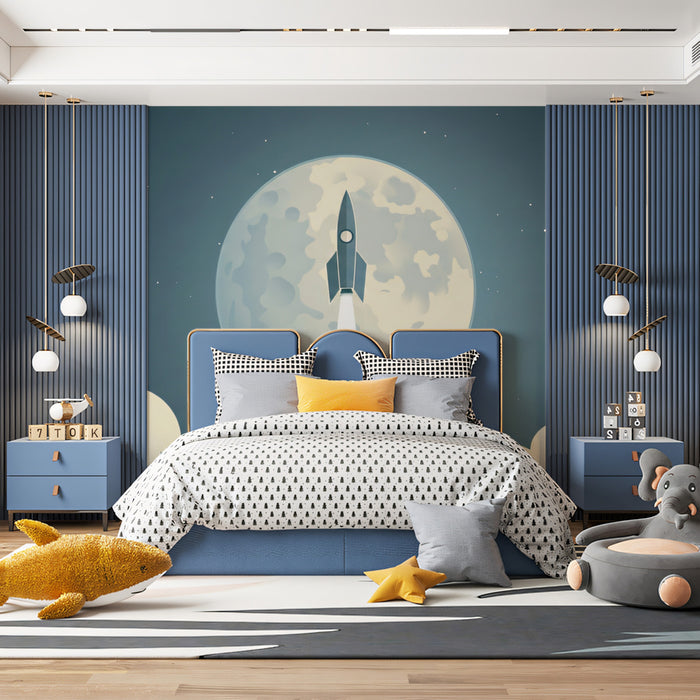 Minimalist Lunar Ascent Wall Mural | Clean Vector Space Exploration & Retro-Futuristic Nursery Art