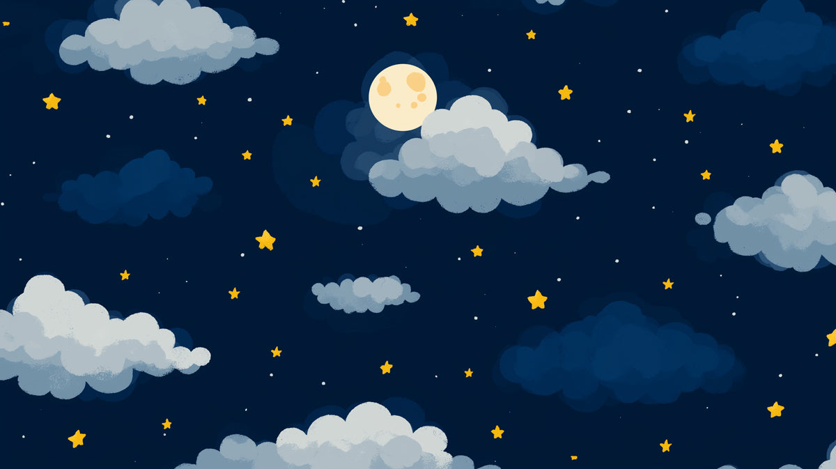 Whimsical Starry Night Clouds Wall Mural | Playful Hand-Painted Moon & Stars Kids' Room Decor
