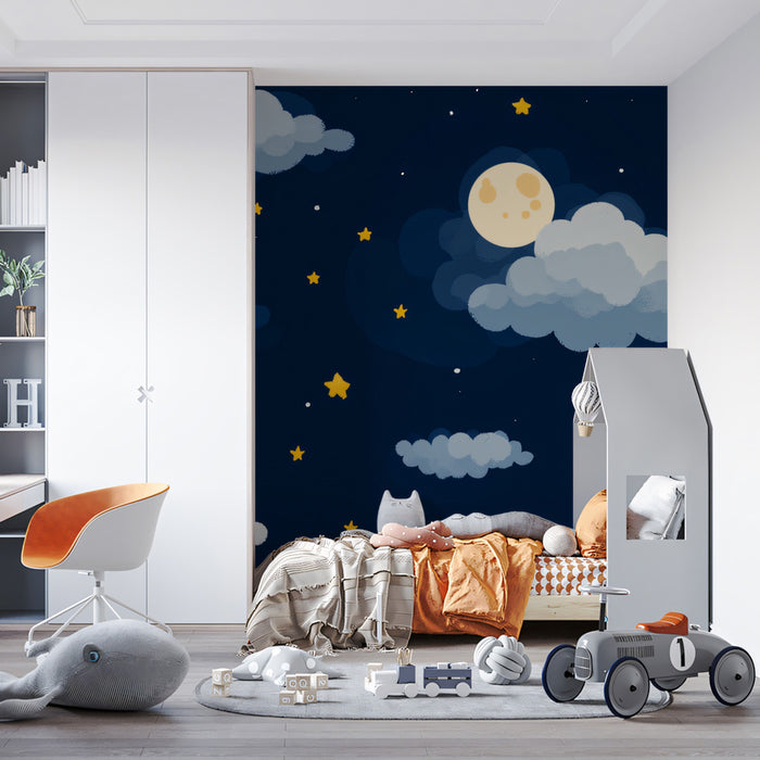 Whimsical Starry Night Clouds Wall Mural | Playful Hand-Painted Moon & Stars Kids' Room Decor