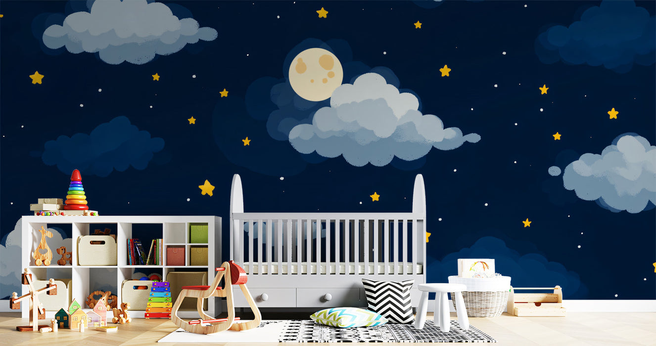 Whimsical Starry Night Clouds Wall Mural | Playful Hand-Painted Moon & Stars Kids' Room Decor