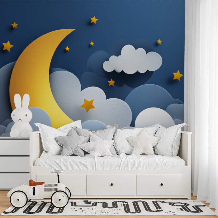 Paper-Cut Crescent Moon & Stars Wall Mural | 3D Layered Dreamscape & Serene Blue Night Nursery Art