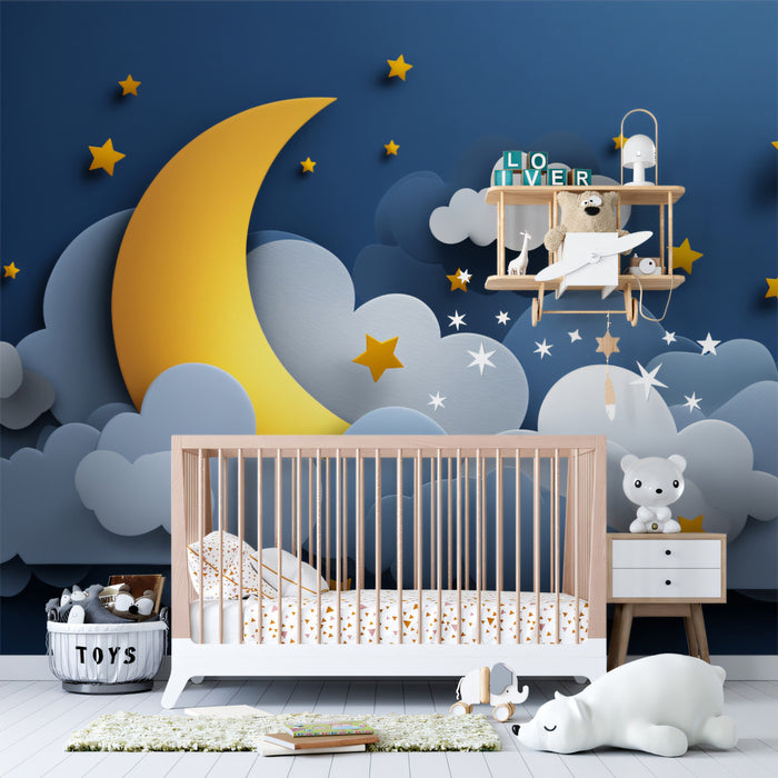 Paper-Cut Crescent Moon & Stars Wall Mural | 3D Layered Dreamscape & Serene Blue Night Nursery Art