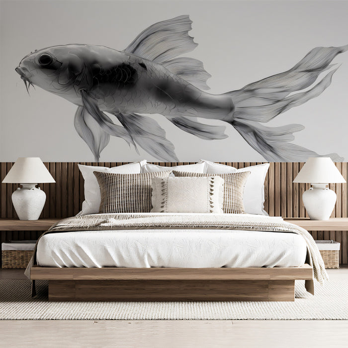 Transparent Ink Koi Silhouette Wall Mural | Elegant X-Ray Style Fluidity & Sophisticated Minimalist Art