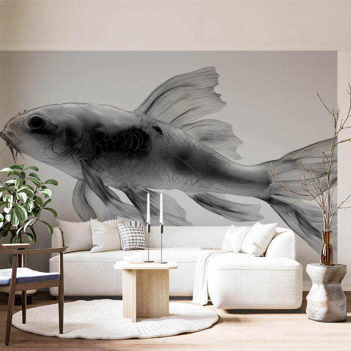Transparent Ink Koi Silhouette Wall Mural | Elegant X-Ray Style Fluidity & Sophisticated Minimalist Art