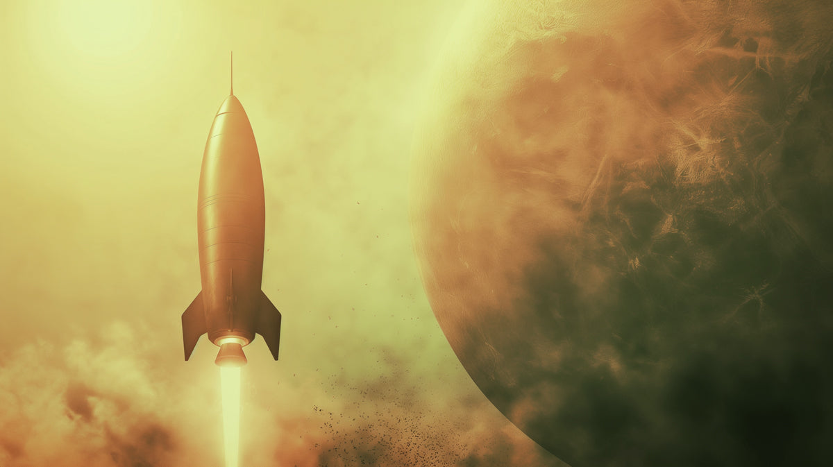 Vintage Sci-Fi Golden Rocket Wall Mural | Cinematic Martian Atmosphere & Retro-Futuristic Space Art