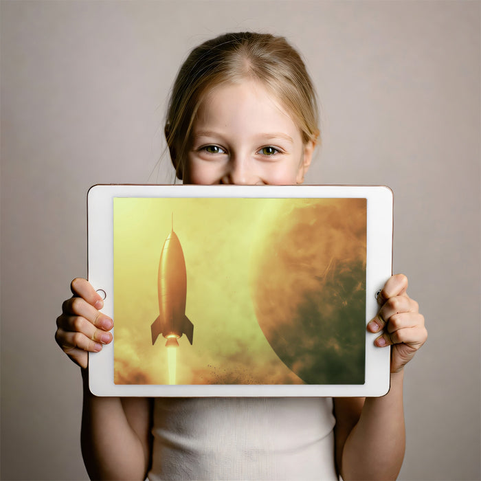 Vintage Sci-Fi Golden Rocket Wall Mural | Cinematic Martian Atmosphere & Retro-Futuristic Space Art