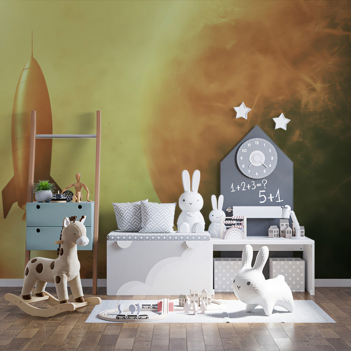 Vintage Sci-Fi Golden Rocket Wall Mural | Cinematic Martian Atmosphere & Retro-Futuristic Space Art