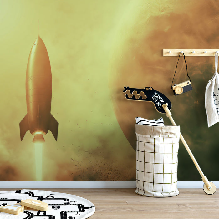 Vintage Sci-Fi Golden Rocket Wall Mural | Cinematic Martian Atmosphere & Retro-Futuristic Space Art