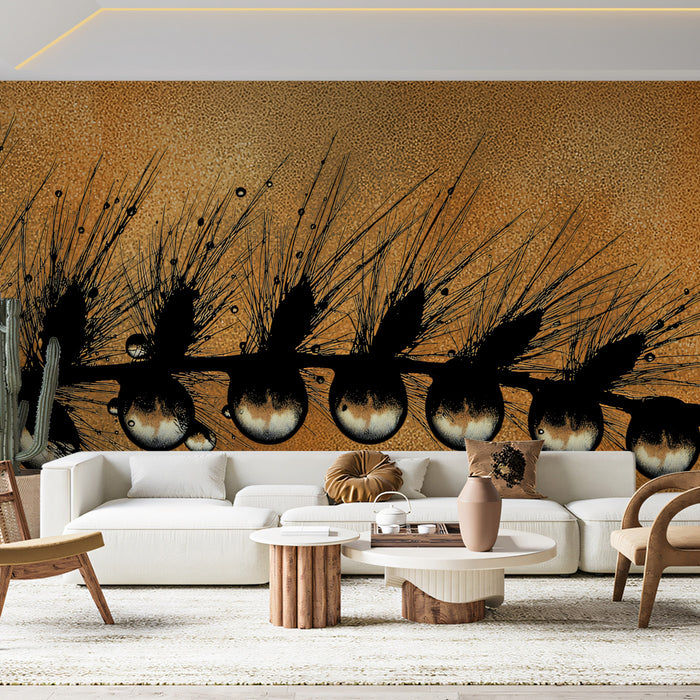 Microscopic Grass Dewdrops Wall Mural | High-Contrast Botanical Graphic & Amber Radiance Art