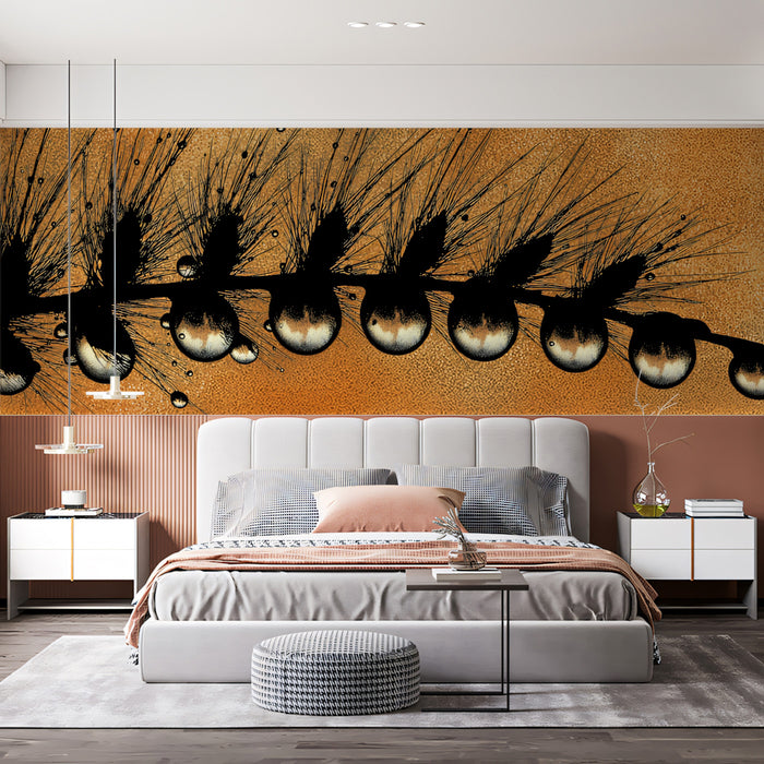 Microscopic Grass Dewdrops Wall Mural | High-Contrast Botanical Graphic & Amber Radiance Art