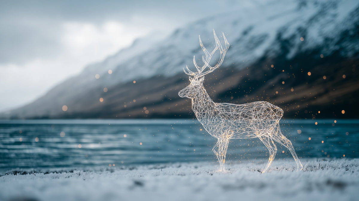 Digital Constellation Deer Wall Mural | Futuristic Glowing Wireframe Wildlife & Serene Lakeside Landscape