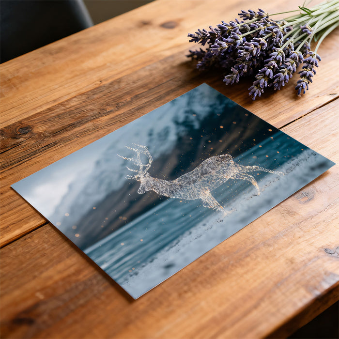 Digital Constellation Deer Wall Mural | Futuristic Glowing Wireframe Wildlife & Serene Lakeside Landscape