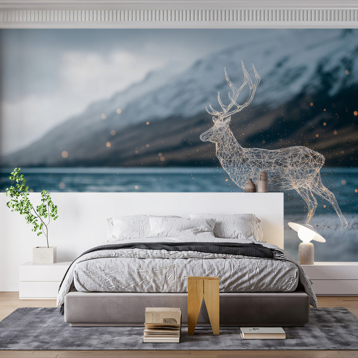 Digital Constellation Deer Wall Mural | Futuristic Glowing Wireframe Wildlife & Serene Lakeside Landscape