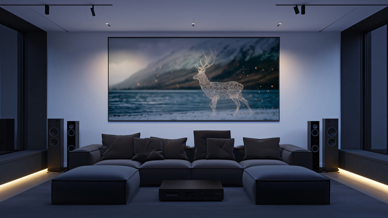 Digital Constellation Deer Wall Mural | Futuristic Glowing Wireframe Wildlife & Serene Lakeside Landscape
