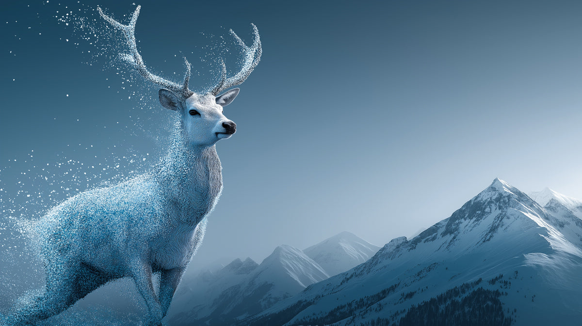 Glacial Spirit White Deer Wall Mural | Surreal Arctic Wildlife & Snow-Capped Mountain Vista