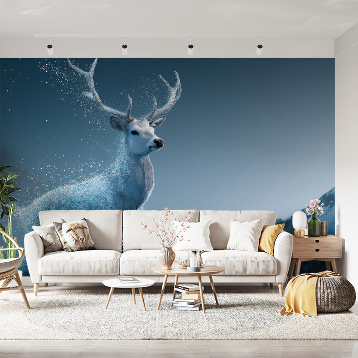 Glacial Spirit White Deer Wall Mural | Surreal Arctic Wildlife & Snow-Capped Mountain Vista