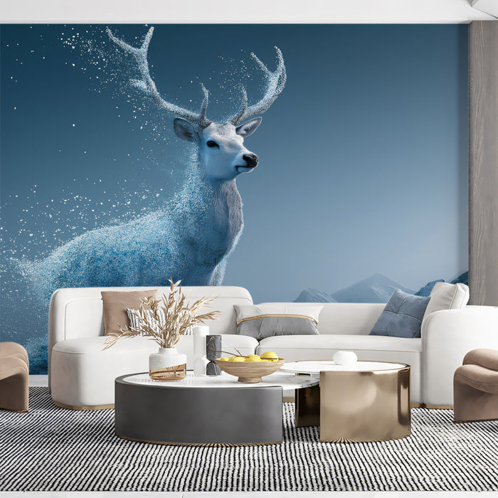 Glacial Spirit White Deer Wall Mural | Surreal Arctic Wildlife & Snow-Capped Mountain Vista