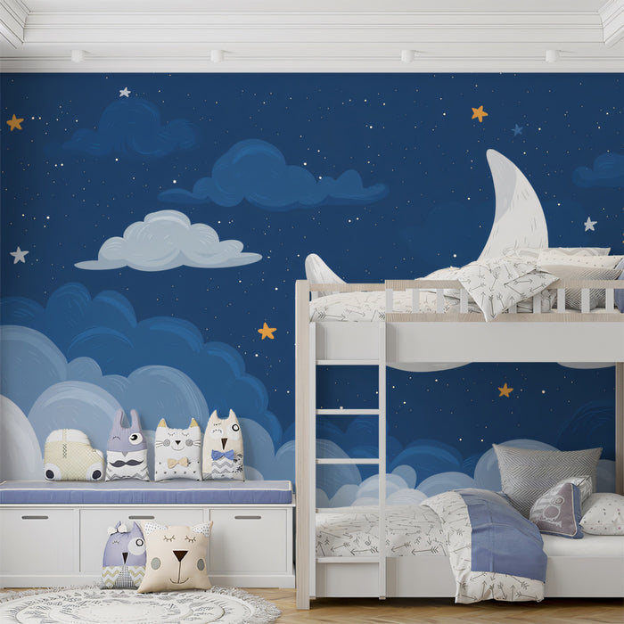 Dreamy Pastel Moonlit Clouds Wall Mural | Whimsical Hand-Painted Night Sky Nursery Art