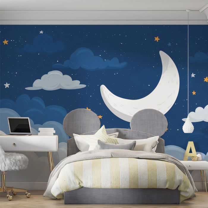 Dreamy Pastel Moonlit Clouds Wall Mural | Whimsical Hand-Painted Night Sky Nursery Art