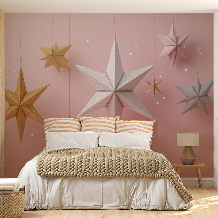 Hanging 3D Paper Star Wall Mural | Minimalist Pink Geometric Decor & Creative Studio Backdrop