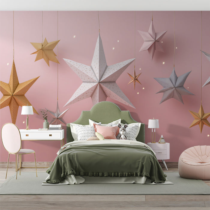 Hanging 3D Paper Star Wall Mural | Minimalist Pink Geometric Decor & Creative Studio Backdrop