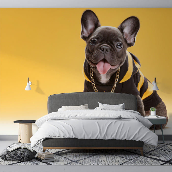 Hypebeast Frenchie Portrait Wall Mural | Urban Cool Dog & Vibrant Yellow Streetwear Decor
