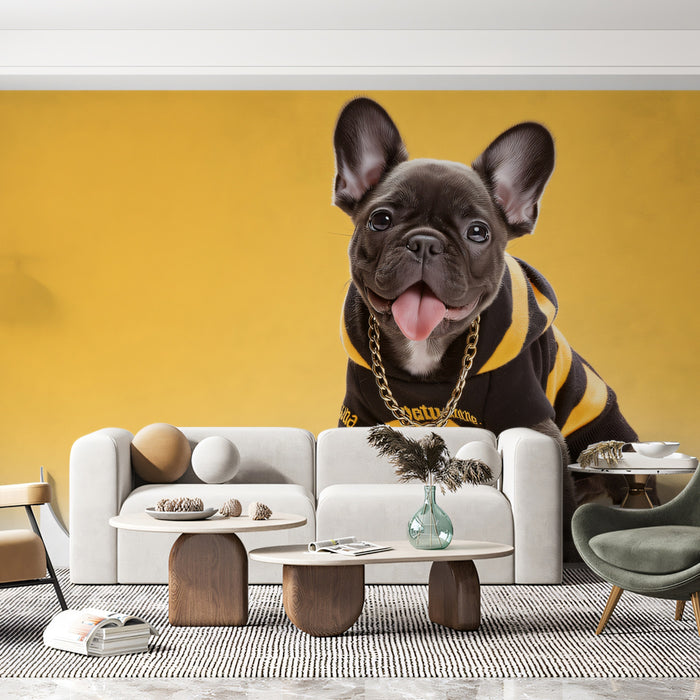Hypebeast Frenchie Portrait Wall Mural | Urban Cool Dog & Vibrant Yellow Streetwear Decor