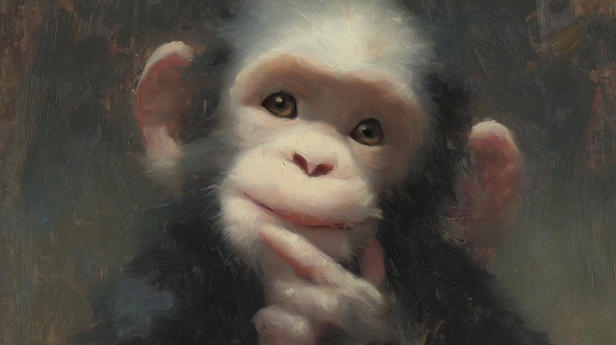 Thoughtful Baby Chimp Oil Painting Wall Mural | Expressive Wildlife Portrait & Textured Artistic Background