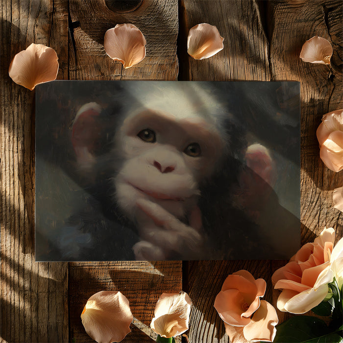 Thoughtful Baby Chimp Oil Painting Wall Mural | Expressive Wildlife Portrait & Textured Artistic Background