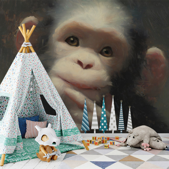 Thoughtful Baby Chimp Oil Painting Wall Mural | Expressive Wildlife Portrait & Textured Artistic Background