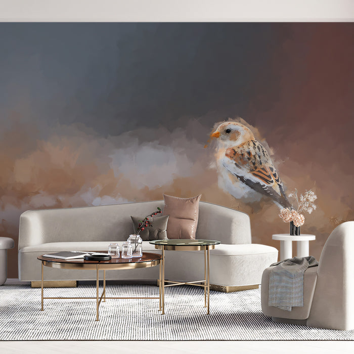 Snow Bunting Impressionist Sketch Wall Mural | Delicate Winter Bird & Serene Muted Earth Tones