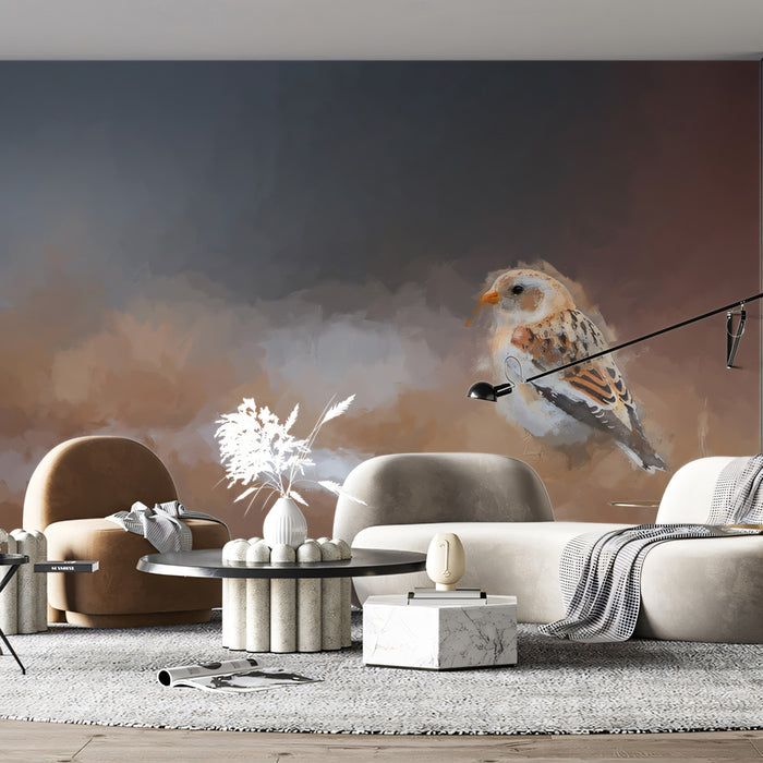 Snow Bunting Impressionist Sketch Wall Mural | Delicate Winter Bird & Serene Muted Earth Tones