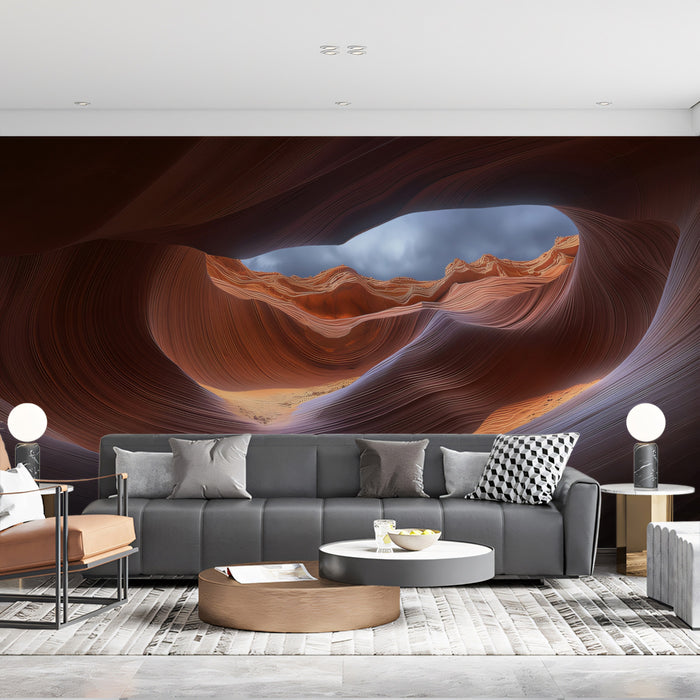 Antelope Canyon Sky View Wall Mural | Abstract Sandstone Curves & Moody Stormy Sky Art