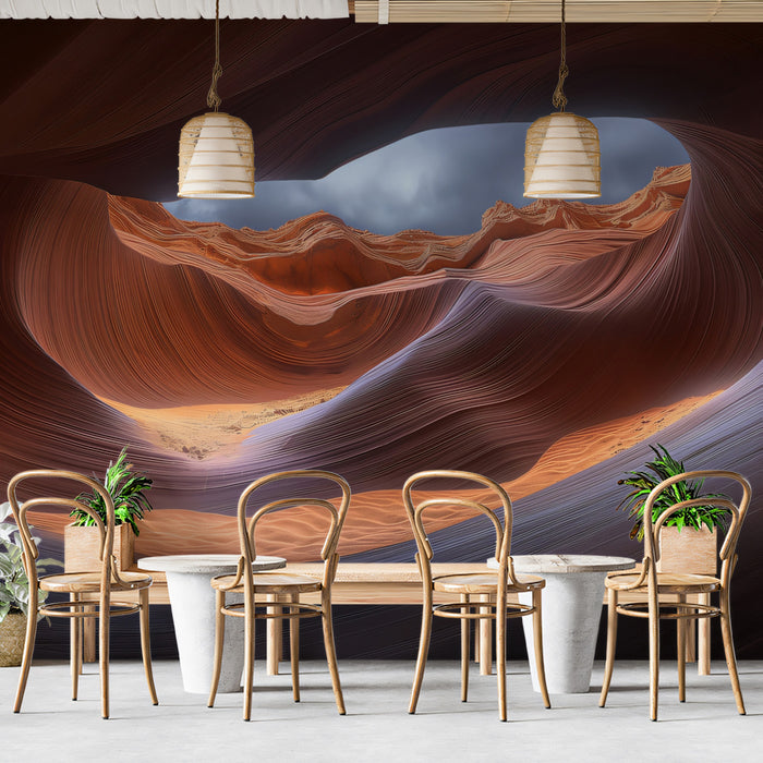 Antelope Canyon Sky View Wall Mural | Abstract Sandstone Curves & Moody Stormy Sky Art