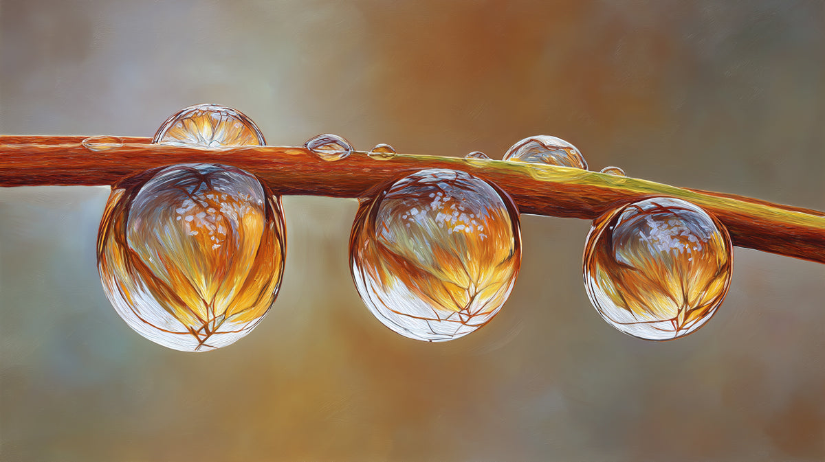 Trio of Golden Dewdrops Wall Mural | Exquisite Botanical Macro Art & Amber Refraction Decor